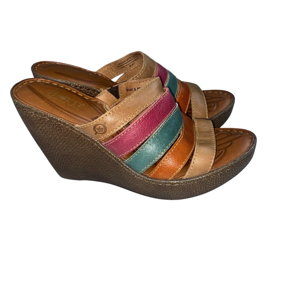 Born Lumi Multicolor Strappy Wedge Sandals Leather Size 9 Boho Colorful Bold NEW